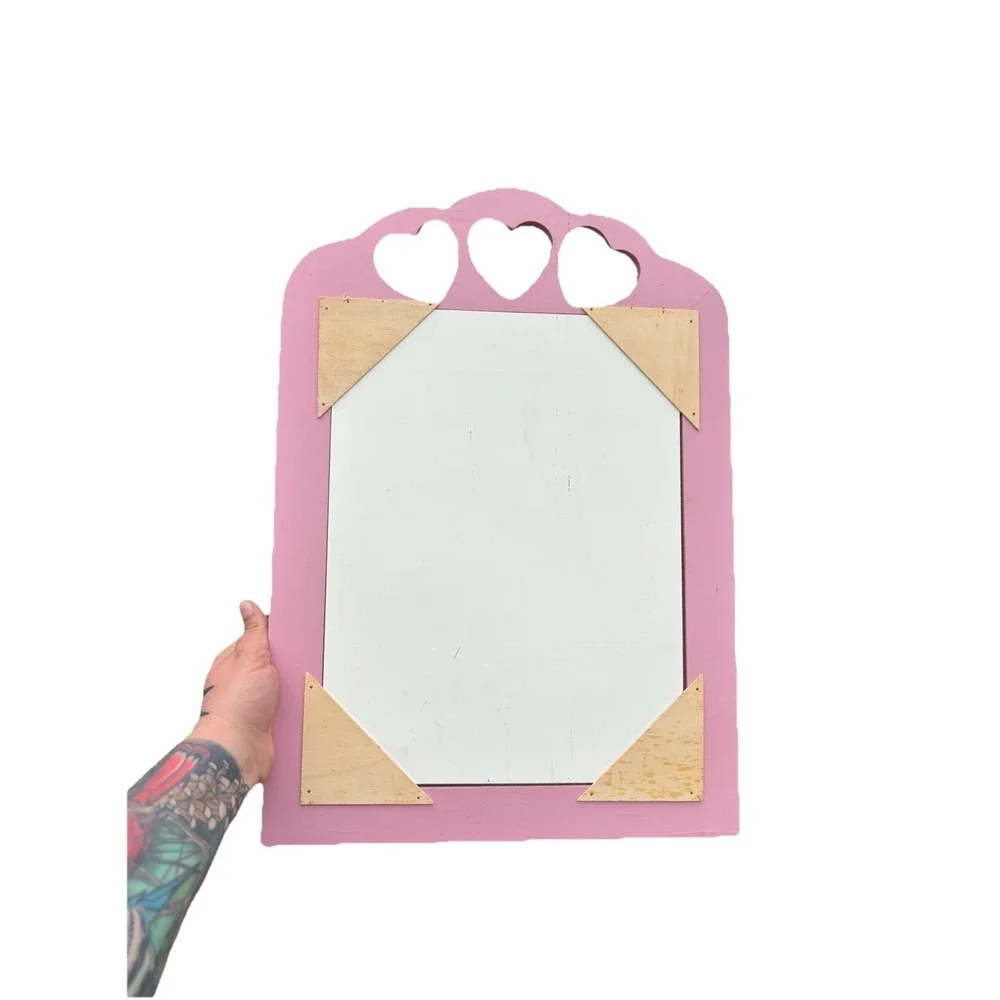 Vintage Pink Heart Hand Painted Floral Wall Mirror Cottage Granny Core 20x14.5